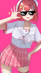  1girl :3 :d absurdres ahoge bandaid bandaid_hair_ornament bandaid_on_leg bandaid_on_thigh blush cat_hair_ornament commentary cowboy_shot double-parted_bangs hair_ornament ham3c hand_on_own_hip hat highres hololive looking_at_viewer miniskirt neck_ribbon open_mouth pink_background pink_hair pink_ribbon pink_skirt pixel_sunglasses plaid_clothes plaid_skirt pleated_skirt ribbon sakura_miko shirt short_hair short_sleeves simple_background skirt smile solo sparkle sunglasses thigh_strap v-shaped_eyebrows virtual_youtuber white_hat white_shirt 