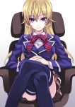  1girl bad_id blonde_hair blue_legwear chair crossed_legs highres long_hair long_sleeves looking_at_viewer matsuryuu nakiri_erina plaid plaid_skirt school_uniform shokugeki_no_souma sitting skirt smile solo thigh-highs violet_eyes 