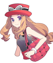  1girl absurdres bag black_shirt blonde_hair blue_eyes blush breasts closed_mouth cropped_torso eyewear_on_headwear hat highres long_hair looking_at_viewer mega_ring pink_bag pink_hat pokemon pokemon_x_and_y red_hat red_skirt serena_(pokemon) shirt shocho_(shaojiujiu) simple_background skirt sleeveless sleeveless_shirt smile solo sunglasses white-framed_eyewear white_background 