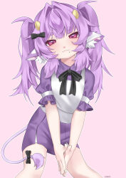  1girl :3 absurdres alternate_costume animal_ear_fluff animal_ears black_bow bow commentary cow_ears cow_girl cow_horns cow_tail fangs frilled_sleeves frills hair_bow hair_intakes highres horns looking_at_viewer mole mole_under_mouth muu_muyu nemcro own_hands_together phase_connect pink_eyes purple_hair purple_shirt purple_skirt shirt skin_fangs skirt solo tail twintails virtual_youtuber yellow_horns 