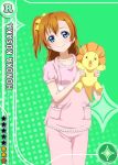  blue_eyes blush dress kousaka_honoka love_live!_school_idol_project orange_hair pajama short_hair side_ponytail smile stuffed_animal 