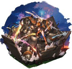  1girl absurdres ankle_boots asymmetrical_legwear belt black_shirt black_shorts blonde_hair boots border brown_gloves crate cropped_jacket fading_border fireworks flower_symbol game_asset gloves highres jacket knee_pads maitha_(full-armored)_(sword_of_convallaria) mecha medium_hair non-web_source official_art open_mouth orange_jacket orange_socks red_belt red_boots robot shirt short_shorts shorts single_knee_pad socks solo sword_of_convallaria teeth uneven_legwear upper_teeth_only yellow_eyes 