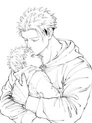  2boys aged_down baby baby_carry carrying closed_eyes commentary_request gojo_satoru greyscale highres hood hood_down hoodie itadori_yuji jujutsu_kaisen looking_at_viewer male_focus monochrome multiple_boys scar scar_on_face scar_on_forehead shirt short_hair simple_background time_paradox tiyu0710 upper_body white_shirt 