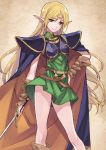  1girl armor bad_id bare_legs blonde_hair boots cape circlet deedlit elf green_eyes hand_on_hip highres long_hair looking_at_viewer matsuryuu pauldrons pointy_ears record_of_lodoss_war smile solo sword weapon 