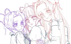 3girls adoptive_siblings alternate_costume blunt_bangs butterfly_hair_ornament closed_mouth colored_lineart commentary_request girl_sandwich hair_ornament highres holding_hands holo_houjicha kimetsu_no_yaiba kochou_kanae kochou_shinobu lineart long_hair looking_at_viewer multiple_girls parted_bangs parted_lips puffy_sleeves sandwiched short_hair siblings simple_background sisters sketch smile tsuyuri_kanao white_background 