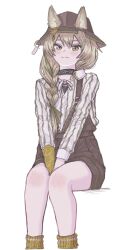  1girl arknights beanstalk_(arknights) between_legs black_hat blonde_hair blush braid brown_shorts commentary_request ears_through_headwear feet_out_of_frame gloves green_eyes green_ribbon hair_ribbon hand_between_own_legs hat highres hiruandon222 infection_monitor_(arknights) invisible_chair light_smile long_hair looking_at_viewer ribbon shirt shorts simple_background single_glove sitting socks solo split_mouth striped_clothes striped_shirt suspender_shorts suspenders vertical-striped_clothes vertical-striped_shirt white_background white_shirt yellow_gloves yellow_socks 
