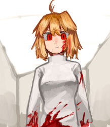  1girl 2024 antenna_hair arcueid_brunestud blonde_hair blood blood_on_clothes blood_on_face commentary_request from_below hair_intakes highres looking_at_viewer looking_down meirono_miyage pov red_eyes short_hair sidelocks slit_pupils solo standing staring sweater tsukihime turtleneck turtleneck_sweater upper_body white_sweater 