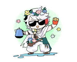  1boy :d arknights black_hair cape chibi commentary_request elysium_(arknights) elysium_(shimmering_dew)_(arknights) flower food french_fries full_body head_wreath holding holding_food holding_kettle kettle male_focus multicolored_hair official_alternate_costume open_mouth pants pink_flower pocky puddle red_hair smile solo soppos standing streaked_hair sunglasses teapot watering_can white_cape white_hair yellow_flower 