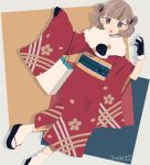  1girl brown_eyes brown_hair double_bun dutch_angle japanese_clothes kimono looking_at_viewer maco22 open_mouth original scarf solo 