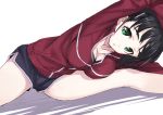  1girl bad_id black_hair breasts cleavage green_eyes hair_ornament hairclip kirigaya_suguha large_breasts looking_at_viewer matsuryuu short_hair short_shorts shorts solo stretch sword_art_online track_jacket 