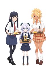  3girls absurdres alma-chan_wa_kazoku_ni_naritai alma_(alma-chan_wa_kazoku_ni_naritai) aqua_eyes black_hair black_nails black_pantyhose black_shoes blonde_hair blue_skirt bow bright_pupils brown_eyes brown_shoes bubble_tea crossover food food_court_de_mata_ashita french_fries full_body highres holding holding_tray loafers long_hair looking_at_viewer multiple_girls nail_polish necktie official_art pantyhose plaid_clothes plaid_skirt pleated_skirt red_necktie school_uniform shirt shoes skirt smile socks standing transparent_background tray very_long_hair wada_(food_court) white_hair white_nails white_pupils white_shirt white_socks yamamoto_(food_court) yellow_bow 