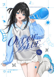  1girl absurdres black_hair blue_eyes blue_nails commentary_request english_text facial_mark hair_ornament heart highres holding holding_megaphone leg_up long_hair long_sleeves looking_at_viewer loose_socks mashiro_kta megaphone musical_note nail_polish one_side_up open_mouth original shirt shoes shorts sleeves_past_wrists smile sneakers socks solo sparkle standing standing_on_one_leg star_(symbol) star_facial_mark star_hair_ornament teeth upper_teeth_only white_background white_shirt white_shorts white_socks 