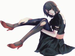  1girl absurdres arm_strap black_choker black_dress black_eyes black_hair black_nails black_pantyhose choker commentary_request dress fatal_frame fatal_frame:_mask_of_the_lunar_eclipse fingernails from_side full_body grey_background hand_on_own_leg high_heels highres knees_together_feet_apart legs_up lips looking_at_viewer looking_to_the_side maroame nail_polish official_alternate_costume pantyhose parted_lips red_shoes shoes short_hair short_sleeves simple_background sitting solo strappy_heels torn_clothes torn_pantyhose tsukimori_madoka 