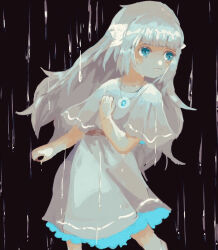  1girl black_background blue_eyes canola0508 capelet child closed_mouth dress ender_lilies_quietus_of_the_knights flower grey_capelet grey_dress grey_eyes hair_flower hair_ornament hand_on_own_chest jewelry lily_(ender_lilies) long_hair looking_to_the_side necklace rain solo standing wet white_flower 