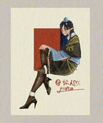  1girl black_capelet black_pantyhose black_shoes black_skirt blue_hair blue_hat blue_shirt capelet chinese_commentary commentary_request dragon_print from_side full_body grmarsa hand_on_own_leg hat high_heels highres iizunamaru_megumu invisible_chair knee_up leg_up long_hair long_sleeves looking_at_viewer looking_to_the_side medium_skirt pantyhose pointy_ears procreate_(medium) shirt shoes sitting skirt solo straight_hair tokin_hat touhou 