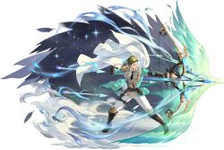  1boy absurdres aqua_jacket arrow_(projectile) belt bird black_belt black_boots black_gloves black_necktie boots border bow_(weapon) cape collared_shirt dust fading_border faycal_(arrow_of_the_homeland)_(sword_of_convallaria) feathers fingerless_gloves firing game_asset gloves green_eyes green_hair highres holding holding_bow_(weapon) holding_weapon jacket knee_guards looking_to_the_side multicolored_jacket necktie non-web_source official_art pants quiver shirt short_hair solo sparkle sword_of_convallaria tailcoat weapon white_cape white_jacket white_pants 