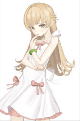  1girl absurdres back_bow bare_shoulders biting_own_finger blonde_hair bow bracelet collarbone commentary cowboy_shot dress dress_ribbon elbow_rest finger_to_mouth highres howe_(howe_lib) jewelry layered_dress long_hair looking_at_viewer monogatari_(series) oshino_shinobu pink_ribbon pointy_ears ribbon sleeveless sleeveless_dress solo spiky_hair white_background white_dress yellow_eyes 