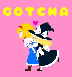  2girls alice_margatroid behind_another black_hat black_skirt black_vest blonde_hair blue_shirt blue_skirt bow capelet closed_eyes commentary_request english_text expressionless facing_ahead facing_another from_side full_body hairband hat hat_bow heart highres hug hug_from_behind kirisame_marisa long_hair long_skirt looking_ahead medium_hair multiple_girls no_lineart open_mouth oudonxxx pink_background red_hairband shirt short_sleeves simple_background skirt smile standing touhou vest waist_bow white_bow white_capelet white_shirt witch_hat yuri 