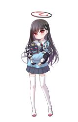  1girl absurdres aged_down alternate_costume black_hair black_halo black_skirt blue_archive blue_sweater bow bowtie child collared_shirt commentary_request full_moon hair_behind_ear hair_ornament hairclip halo highres holding holding_toy korean_commentary looking_at_viewer moon multicolored_halo red_bow red_bowtie red_eyes red_halo ringed_eyes rio_(blue_archive) robot shirt shoes simple_background skirt solo sweater thigh-highs toy two-tone_halo uwabaki white_background white_shirt white_thighhighs xb_(capgom) 