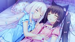  2girls animal_ears black_hair cat_ears chocola_(sayori) closed_eyes game_cg long_hair multiple_girls nekopara sayori sleeping twintails vanilla_(sayori) white_hair 