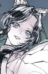  1girl ben-day_dots butterfly_hair_ornament character_name close-up commentary_request demon_slayer_uniform green_background greyscale grin hair_ornament highres kimetsu_no_yaiba kochou_shinobu looking_at_viewer monochrome parted_bangs screentones short_hair sidelocks smile solo yamada_73 