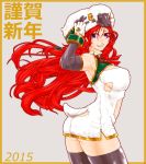  1girl 2015 alternate_costume animal_costume ass bare_shoulders black_legwear blue_eyes braid breasts character_name cleavage_cutout colored_eyelashes cowboy_shot detached_sleeves from_side gloves grin highres hong_meiling large_breasts ledjoker07 long_hair looking_at_viewer navel_cutout pointy_ears redhead sheep_costume sheep_hat sideboob smile thigh-highs thighs touhou twin_braids 