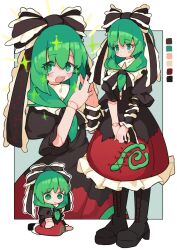  1girl alternate_costume black_dress color_guide doll_joints dress front_ponytail green_eyes green_hair hair_ribbon highres joints kagiyama_hina long_hair multiple_views myakopu red_dress ribbon sparkle touhou two-tone_dress white_background 