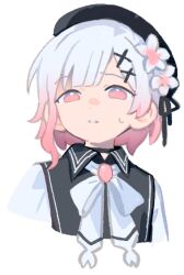  1girl beret black_hat brooch cherry_blossoms cropped_torso flower frown gradient_hair hair_flower hair_ornament hat jewelry looking_at_viewer mahou_shoujo_no_majo_saiban multicolored_hair neck_ribbon parted_lips pink_eyes pink_hair ribbon sakuraba_ema short_hair simple_background small_sweatdrop solo upper_body white_background white_flower white_hair white_ribbon worried yige_juewang_de_momo 