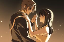  1boy 1girl arm_around_another's_waist arm_on_another's_shoulder bare_arms bare_shoulders black_hair blue_eyes brown_eyes brown_hair closed_mouth commentary_request couple dancing dress earrings ff_topet final_fantasy final_fantasy_viii gold_trim halter_dress halterneck hetero highres holding_hands jacket jewelry korean_commentary long_hair long_sleeves looking_at_another military_jacket military_uniform multicolored_hair official_alternate_costume parted_bangs rinoa_heartilly scar scar_on_face scar_on_forehead seed_uniform_(ff8) short_hair single_earring smile squall_leonhart streaked_hair twitter_username upper_body white_dress 
