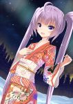  1girl :d ahoge aurora dutch_angle forest ginhaha japanese_clothes kimono long_hair nature night night_sky open_mouth original purple_hair sky smile snow solo star_(sky) starry_sky tree twintails violet_eyes 