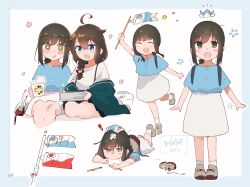  2girls :d aged_down ahoge ankle_socks arm_hug backpack bag bandaid bandaid_on_knee bandaid_on_leg black_skirt blue_border blue_eyes blue_shirt blush border bow braid brown_hair children's_day commentary_request crossed_bangs cup dated double-parted_bangs dress_shirt fallen_down fubuki_(kancolle) fubuki_(kure)_(kancolle) full_body green_eyes green_jacket grey_shoes hair_between_eyes hair_bow hair_flaps hair_over_shoulder highres holding holding_cup jacket jacket_partially_removed kantai_collection kodomo_no_hi long_hair looking_at_viewer low_ponytail ma_rukan medium_hair multiple_girls multiple_views off_shoulder open_clothes open_jacket outline outside_border pleated_skirt ponytail red_bow shigure_(kancolle) shigure_(kure_2025)_(kancolle) shigure_kai_san_(kancolle) shirt shoes short_sleeves sidelocks signature simple_background single_braid skirt smile socks standing steam suspenders white_background white_outline white_skirt white_socks 
