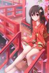  1girl bare_legs barefoot cherry_blossoms hair_ornament highres japanese_clothes kimono long_hair looking_at_viewer nicoby obi original petals sash shrine sitting smile solo v_arms 