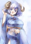  1girl blue_eyes blue_hair breasts bust commentary_request horns japanese_clothes kimono large_breasts obi sash sheep_horns short_hair smile solo yohane 
