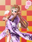  1girl blush brown_hair checkered checkered_background floral_print flower green_eyes hair_ornament hakkai highres japanese_clothes kimono lipstick long_hair looking_at_viewer makeup paddle payot pointy_ears princess_zelda solo super_smash_bros. the_legend_of_zelda thighs triforce tsurime 