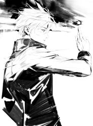  1boy 3x3threexthree absurdres arm_at_side closed_mouth commentary_request crossed_fingers from_side gojo_satoru gojou's_imaginary_technique hand_up high_collar highres jacket jujutsu_kaisen long_sleeves looking_ahead male_focus motion_lines short_hair simple_background solo upper_body white_background 