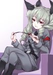  1girl anchovy bad_id boots crossed_legs drill_hair girls_und_panzer grey_hair hair_ribbon highres long_hair matsuryuu military military_uniform red_eyes ribbon riding_crop sitting smile solo twin_drills twintails uniform 