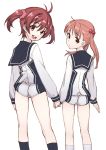  2girls :d ass bad_id brown_eyes brown_hair from_behind highres holding_hands isshiki_akane isshiki_momo long_hair looking_back matsuryuu multiple_girls open_mouth petite redhead school_uniform short_hair short_shorts shorts siblings sisters smile twintails vividred_operation 