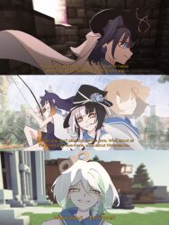  ahoge black_hair blue_hair breasts cape cecilia_immergreen cloak enigmatic_recollection highres hololive hololive_english long_hair multicolored_hair multiple_girls ninomae_ina'nis ouro_kronii shiori_novella smile tem_z0 two-tone_hair virtual_youtuber watson_amelia white_cloak 