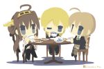  3girls ahoge black_eyes blonde_hair brown_hair chameleon_man_(three) chibi crossed_legs crossover cup darjeeling detached_sleeves drinking girls_und_panzer holding kantai_collection kongou_(kantai_collection) long_hair looking_at_viewer lynette_bishop multiple_crossover multiple_girls nontraditional_miko one_eye_closed school_uniform sitting strike_witches teacup 