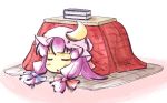  1girl book bow chibi crescent hair_bow hat kotatsu long_hair natsuki_(silent_selena) open_mouth patchouli_knowledge purple_hair sleeping solo table touhou under_kotatsu under_table 