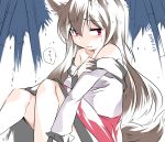  1girl animal_ears bamboo bamboo_forest bare_legs brown_hair commentary_request forest hammer_(sunset_beach) imaizumi_kagerou long_hair looking_at_viewer nature off_shoulder pink_eyes sitting sketch skirt solo tail touhou wolf_ears wolf_tail 