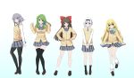  5girls absurdres black_legwear blonde_hair blue_eyes bow braid brown_eyes brown_hair cardigan checkered checkered_skirt contemporary green_eyes green_hair hair_bow hair_tubes hairband hakurei_reimu hands_on_hips highres izayoi_sakuya kirisame_marisa kochiya_sanae konpaku_youmu long_hair multiple_girls pantyhose school_uniform silver_hair skirt sweater_vest tama_go thigh-highs touhou twin_braids yellow_eyes 