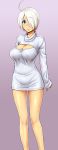  1girl ahoge angel_(kof) blue_eyes breasts cleavage hair_over_one_eye king_of_fighters large_breasts legs looking_at_viewer open-chest_sweater ribbed_sweater short_hair silver_hair solo st.germain-sal sweater sweater_dress thighs 