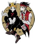  2boys animal_ears bandages bat_wings black_hair blonde_hair blue_eyes boots earrings fake_animal_ears fake_tail halloween headband hirose_kouichi jewelry jojo_no_kimyou_na_bouken kishibe_rohan multiple_boys sahau228 short_hair sitting smile tail vest wings wolf_ears wolf_tail 