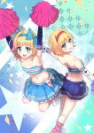  2girls alice_margatroid alice_margatroid_(pc-98) alternate_costume armpits arms_up bare_shoulders blonde_hair blue_eyes blue_gloves blush bow cheerleader culter elbow_gloves gloves hair_bow hairband highres looking_at_viewer midriff multiple_girls navel open_mouth pink_legwear pom_poms short_hair smile time_paradox touhou touhou_(pc-98) white_gloves 