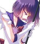  1girl bishoujo_senshi_sailor_moon bow brooch choker earrings elbow_gloves eteraito gloves jewelry magical_girl purple_hair ribbon sailor_collar sailor_saturn short_hair solo staff tiara tomoe_hotaru violet_eyes white_background white_gloves 