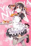  1girl \m/ artist_name black_hair character_name d_midiror dated food frills gloves grin looking_at_viewer love_live!_school_idol_project maid necktie one_eye_closed red_eyes smile solo striped striped_legwear thigh-highs tray twintails white_gloves yazawa_nico zettai_ryouiki 