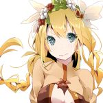  1girl angel archangel_(p&amp;d) blonde_hair blue_eyes blush braid colored_eyelashes flower head_wings head_wreath long_hair looking_away meko_(mekotto) puzzle_&amp;_dragons simple_background solo twin_braids white_background 
