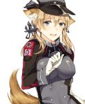  1girl anchor_hair_ornament animal_ears blonde_hair blue_eyes fang gloves hat iron_cross kantai_collection kemonomimi_mode long_hair looking_at_viewer military military_uniform open_mouth peaked_cap prinz_eugen_(kantai_collection) rinarisa simple_background smile solo tail twintails uniform white_background wolf_ears wolf_tail 