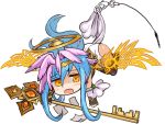  1girl ars_nova_(p&amp;d) ass blue_hair blush chibi circlet energy_wings feathered_wings halo head_wings jyon key keychain leotard long_hair multiple_wings open_mouth orange_eyes paper puzzle_&amp;_dragons simple_background solo white_background wings 